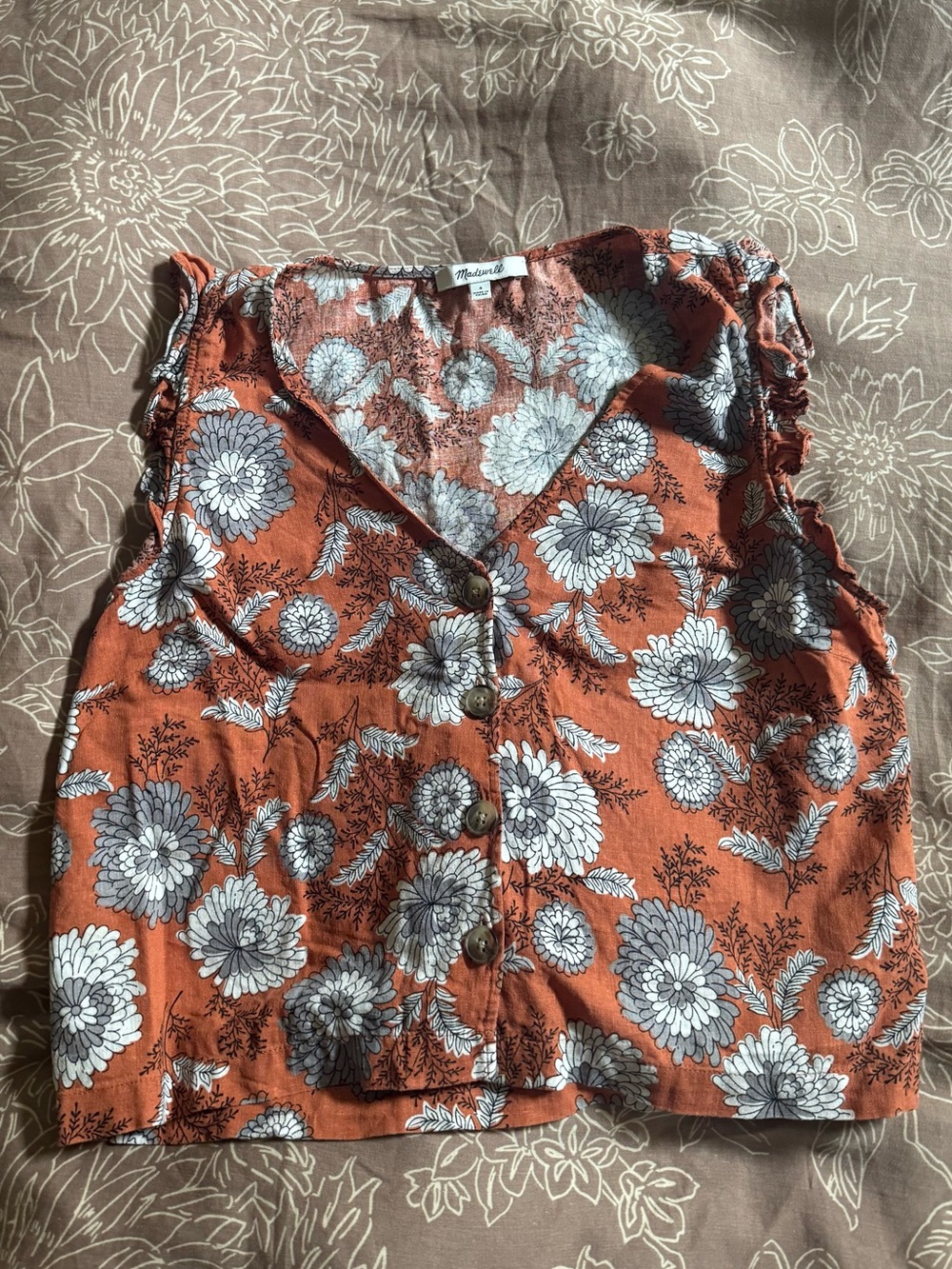Madewell Women’s Linen Rust Floral Button Crop Top
